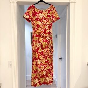 Rum Runner Vintage 100% Silk Red Hawaiian Floral Wrap Midi Dress Sz 10 Cruise